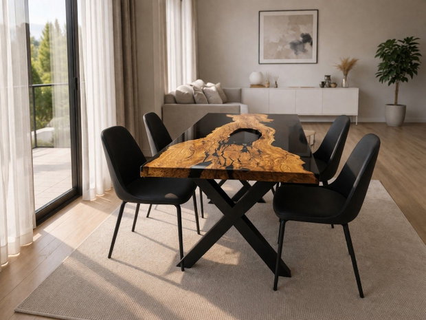 Masă rășină epoxidică cu inserie de maslin - design unic - ATP Wood