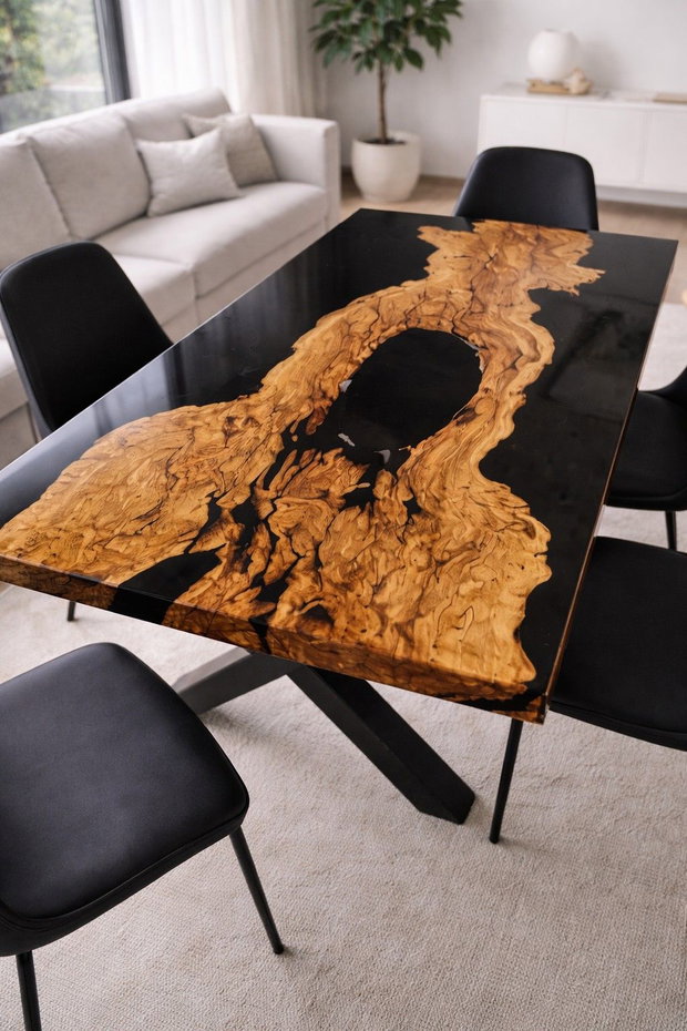 Masă rășină epoxidică cu inserie de maslin - design unic - ATP Wood