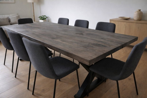 Masă din stejar masiv gri antichizat cu picioare X metal 160x70 cm blat dintr-o bucată 5 cm ATP Wood