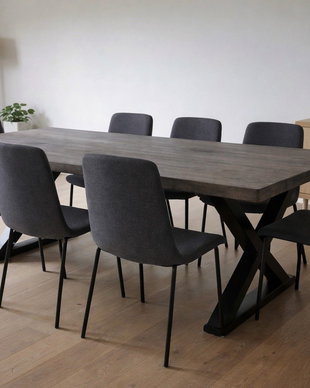 Masă din stejar masiv gri antichizat cu picioare X metal  160x70 cm  blat dintr-o bucată 5 cm  ATP Wood