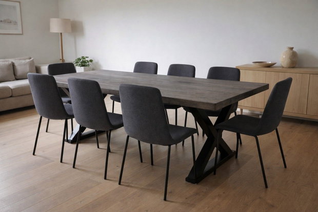 Masă din stejar masiv gri antichizat cu picioare X metal 160x70 cm blat dintr-o bucată 5 cm ATP Wood