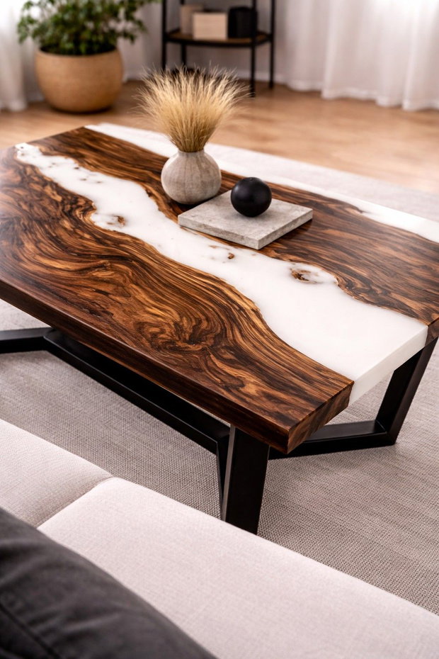 Măsuță de cafea din lemn masiv cu rășină epoxidică albă 110x60 cm design modern ATP Wood