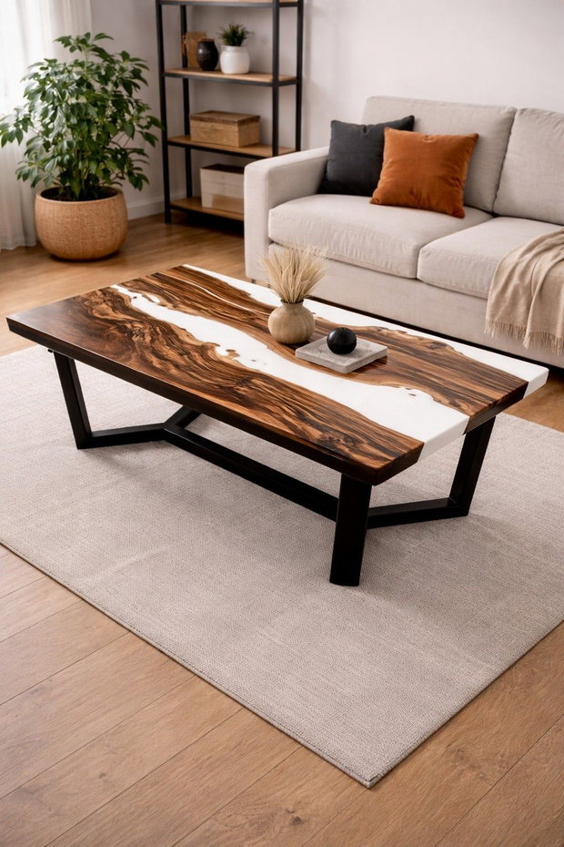 Măsuță de cafea din lemn masiv cu rășină epoxidică albă 110x60 cm design modern ATP Wood