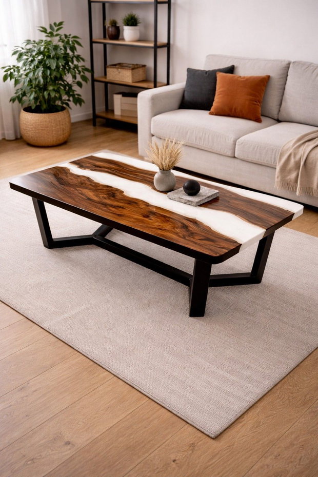 Măsuță de cafea din lemn masiv cu rășină epoxidică albă 110x60 cm design modern ATP Wood