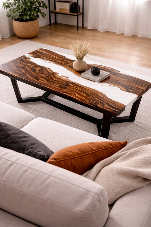 Măsuță de cafea din lemn masiv cu rășină epoxidică albă 110x60 cm design modern ATP Wood
