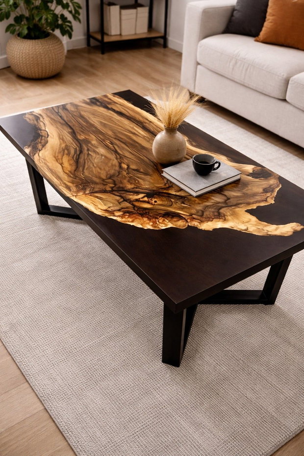 Măsuță de cafea din lemn masiv cu rășină epoxidică neagră 100x50 cm design modern ATP Wood
