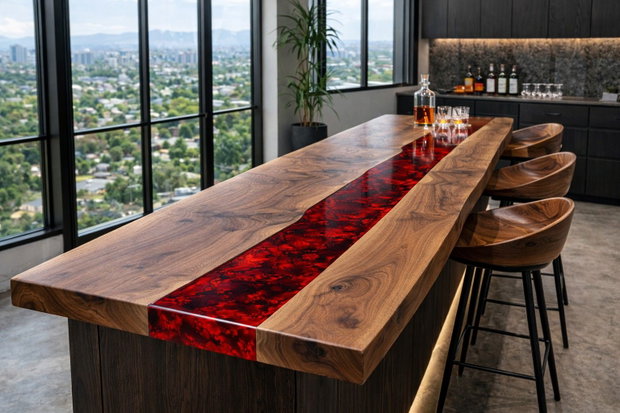 Blat bar din lemn masiv cu rășină epoxidică roșie design statement ATP Wood