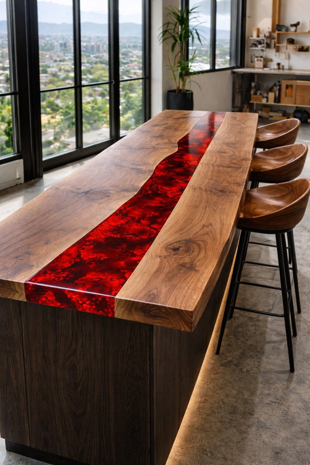 Blat bar din lemn masiv cu rășină epoxidică roșie design statement ATP Wood