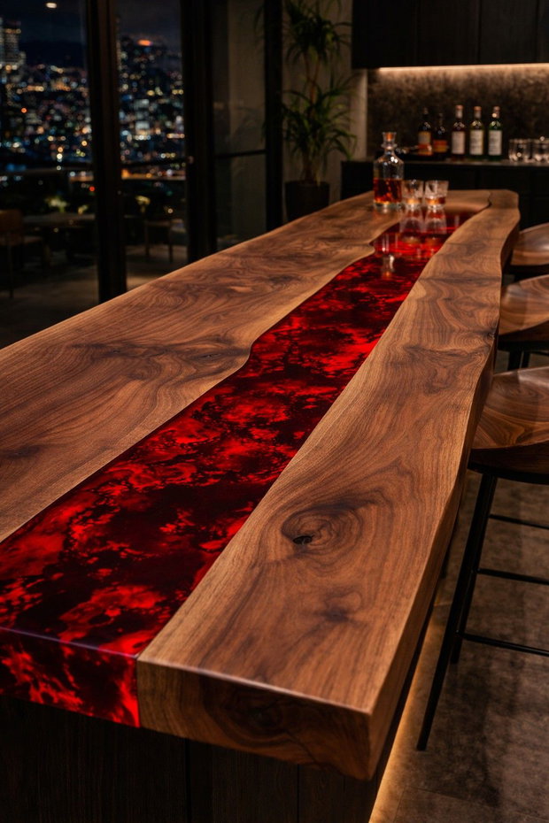 Blat bar din lemn masiv cu rășină epoxidică roșie design statement ATP Wood
