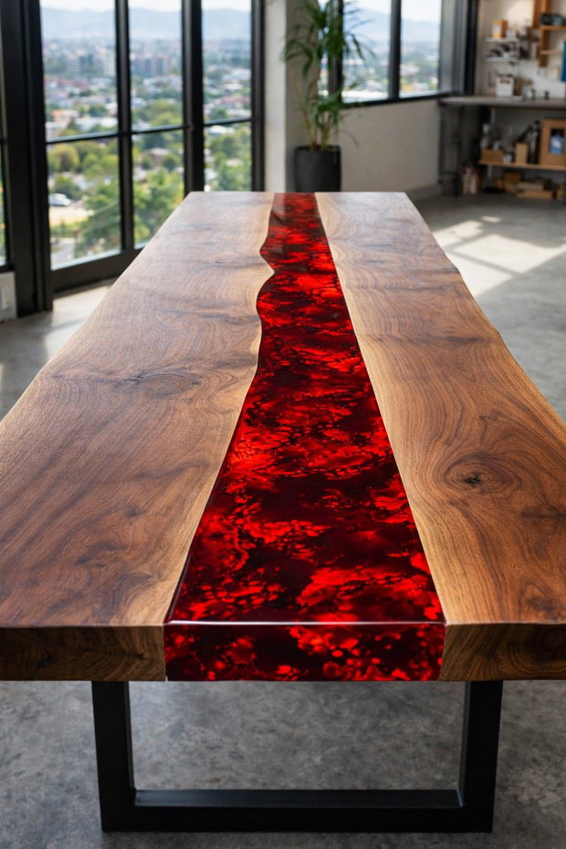 Blat bar din lemn masiv cu rășină epoxidică roșie design statement ATP Wood
