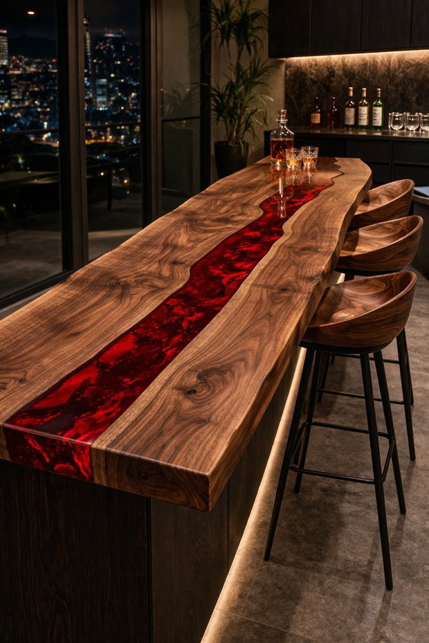 Blat bar din lemn masiv cu rășină epoxidică roșie design statement ATP Wood