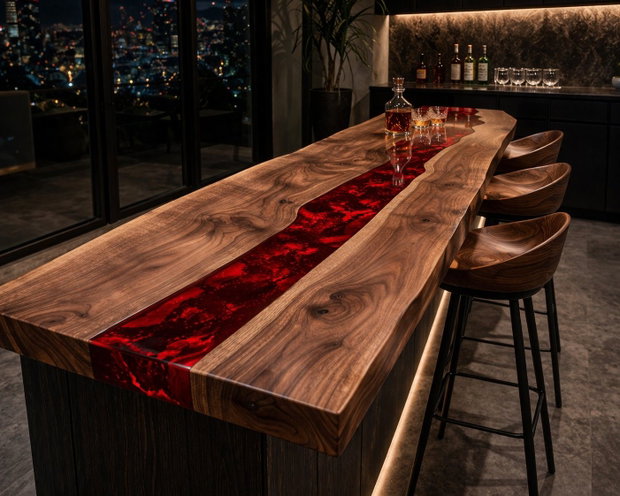 Blat bar din lemn masiv cu rășină epoxidică roșie design statement ATP Wood