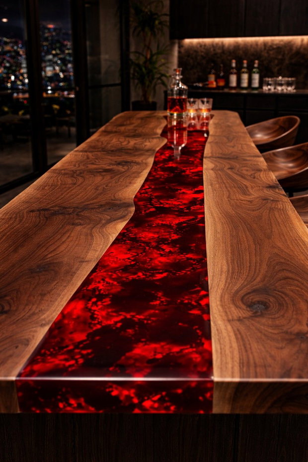 Blat bar din lemn masiv cu rășină epoxidică roșie design statement ATP Wood