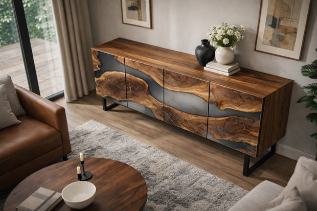 Comodă din lemn masiv cu rășină epoxidică mobilier premium living design statement ATP Wood