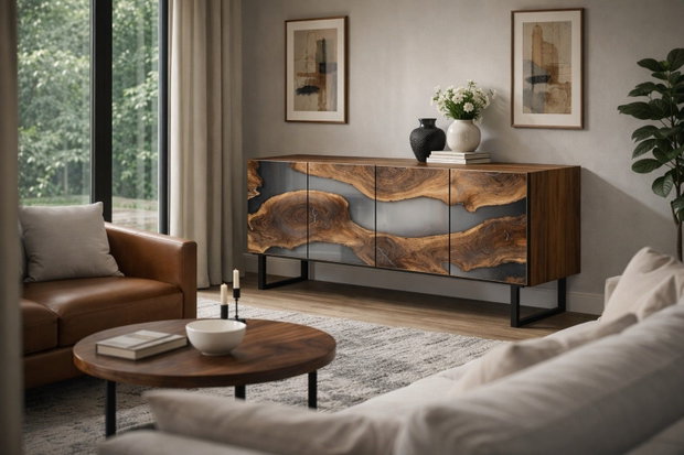 Comodă din lemn masiv cu rășină epoxidică mobilier premium living design statement ATP Wood