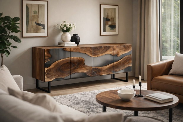 Comodă din lemn masiv cu rășină epoxidică mobilier premium living design statement ATP Wood
