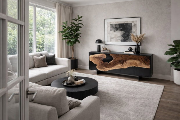 Comodă din lemn masiv cu rășină epoxidică și finisaj negru mobilier premium living ATP Wood