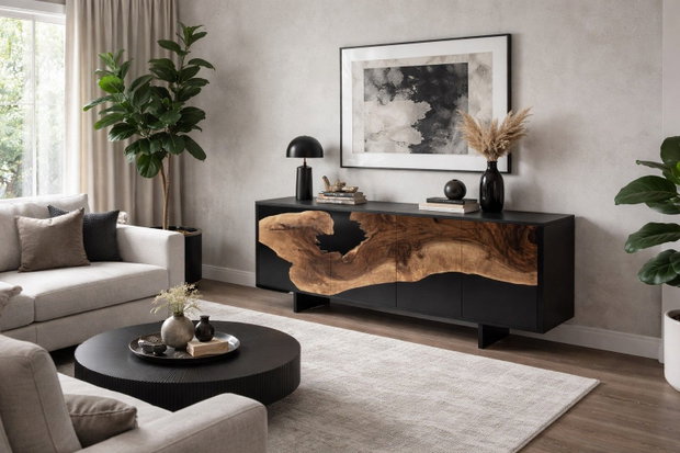 Comodă din lemn masiv cu rășină epoxidică și finisaj negru mobilier premium living ATP Wood