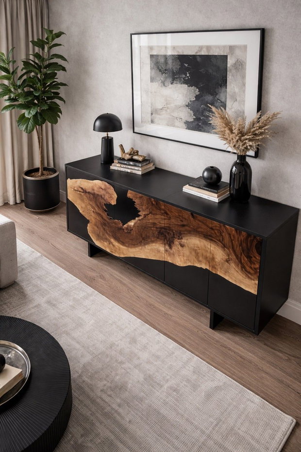 Comodă din lemn masiv cu rășină epoxidică și finisaj negru mobilier premium living ATP Wood