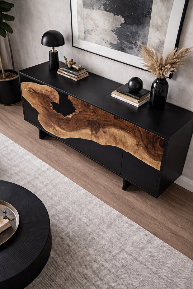 Comodă din lemn masiv cu rășină epoxidică și finisaj negru mobilier premium living ATP Wood