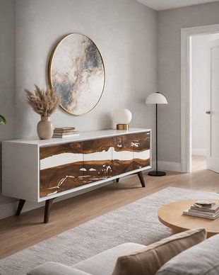 Comodă din lemn masiv cu rășină epoxidică albă  mobilier premium living  design modern  ATP Wood