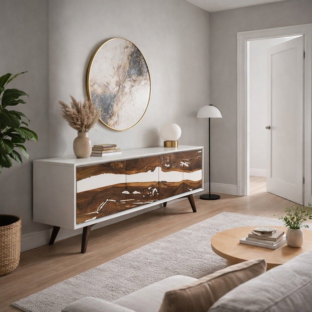 Comodă din lemn masiv cu rășină epoxidică albă mobilier premium living design modern ATP Wood