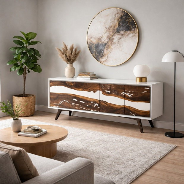Comodă din lemn masiv cu rășină epoxidică albă mobilier premium living design modern ATP Wood