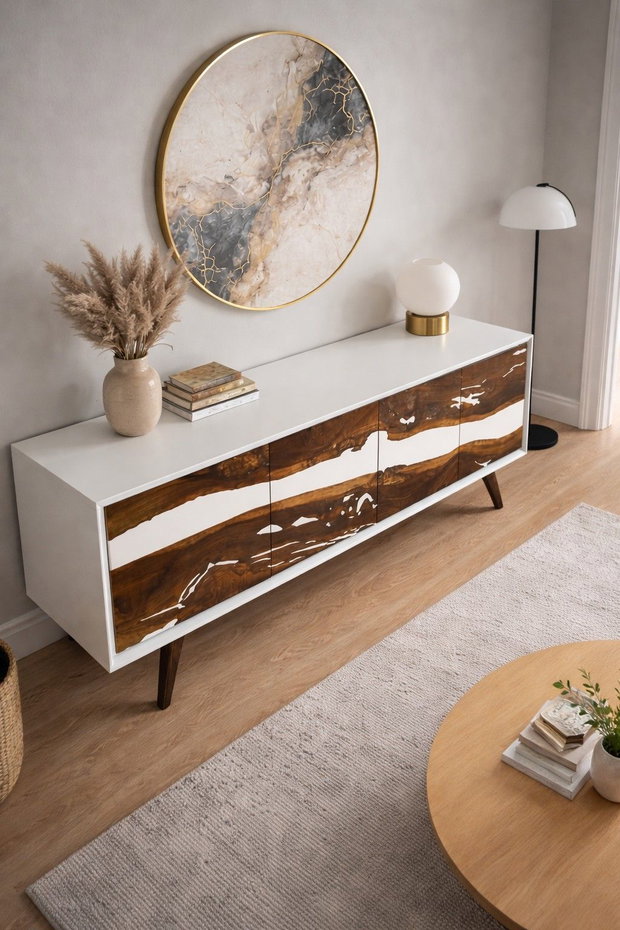 Comodă din lemn masiv cu rășină epoxidică albă mobilier premium living design modern ATP Wood