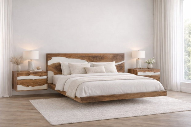 Noptieră din lemn masiv cu rășină epoxidică albă design modern ATP Wood