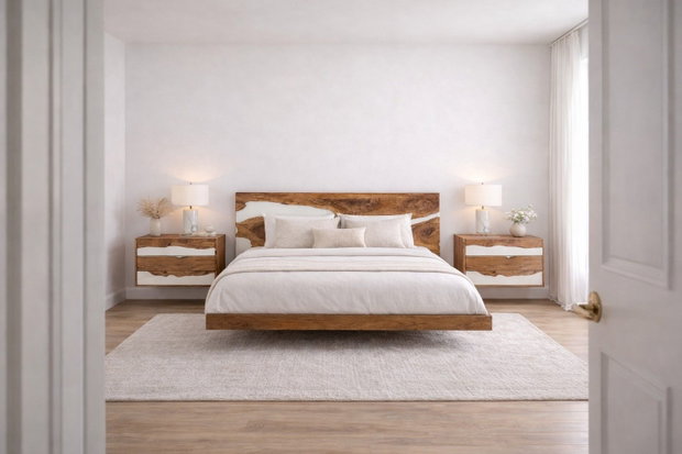 Noptieră din lemn masiv cu rășină epoxidică albă design modern ATP Wood
