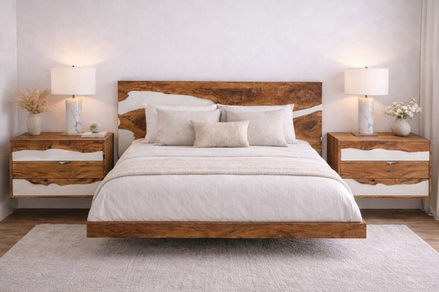 Noptieră din lemn masiv cu rășină epoxidică albă design modern ATP Wood