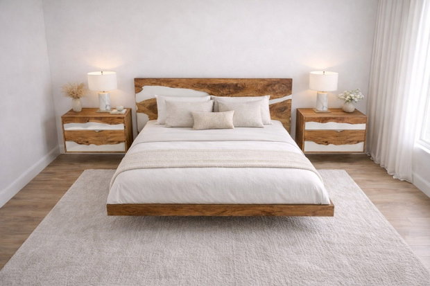 Noptieră din lemn masiv cu rășină epoxidică albă design modern ATP Wood