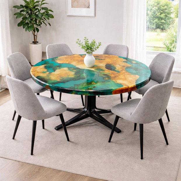 Masă rotundă din lemn masiv cu rășină epoxidică verde - 90 cm - design modern - ATP Wood