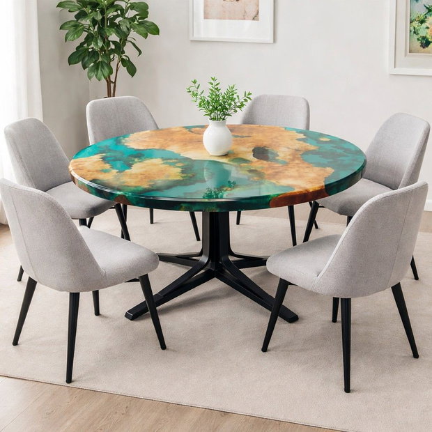 Masă rotundă din lemn masiv cu rășină epoxidică verde - 90 cm - design modern - ATP Wood