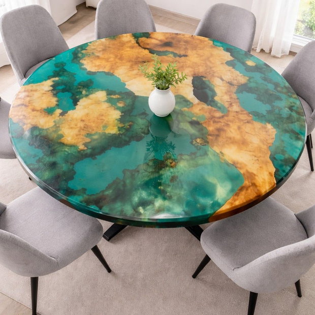 Masă rotundă din lemn masiv cu rășină epoxidică verde - 90 cm - design modern - ATP Wood