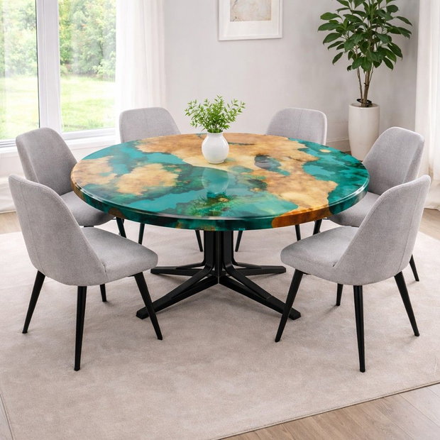 Masă rotundă din lemn masiv cu rășină epoxidică verde - 90 cm - design modern - ATP Wood