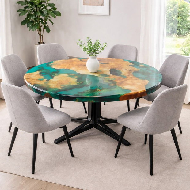 Masă rotundă din lemn masiv cu rășină epoxidică verde - 90 cm - design modern - ATP Wood