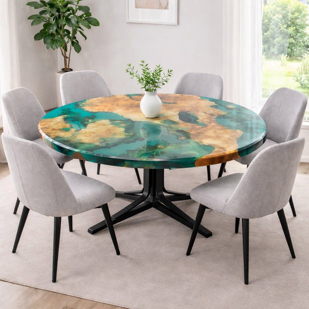 Masă rotundă din lemn masiv cu rășină epoxidică verde - 90 cm - design modern - ATP Wood