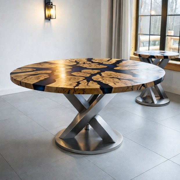 Masă rotundă din lemn masiv cu rășină epoxidică neagră - Ø110 cm - design modern - ATP Wood
