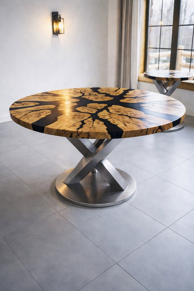 Masă rotundă din lemn masiv cu rășină epoxidică neagră - Ø110 cm - design modern - ATP Wood
