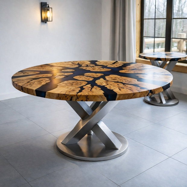 Masă rotundă din lemn masiv cu rășină epoxidică neagră - Ø110 cm - design modern - ATP Wood