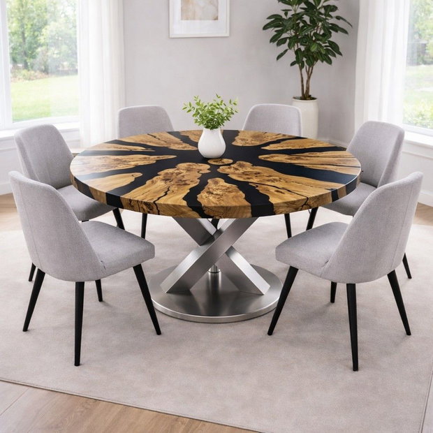 Masă rotundă din lemn masiv cu rășină epoxidică neagră - Ø110 cm - design modern - ATP Wood