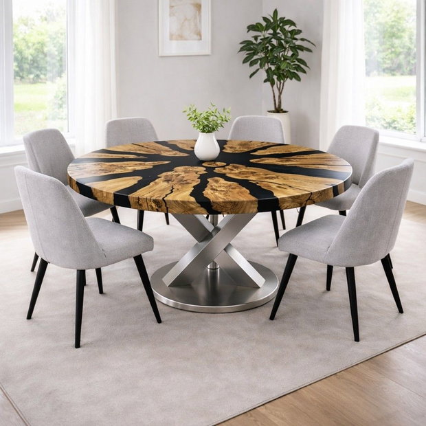 Masă rotundă din lemn masiv cu rășină epoxidică neagră - Ø110 cm - design modern - ATP Wood