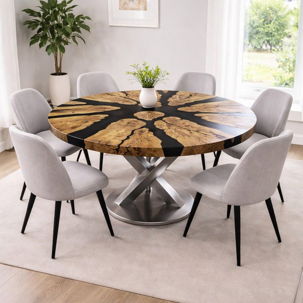 Masă rotundă din lemn masiv cu rășină epoxidică neagră - Ø110 cm - design modern - ATP Wood