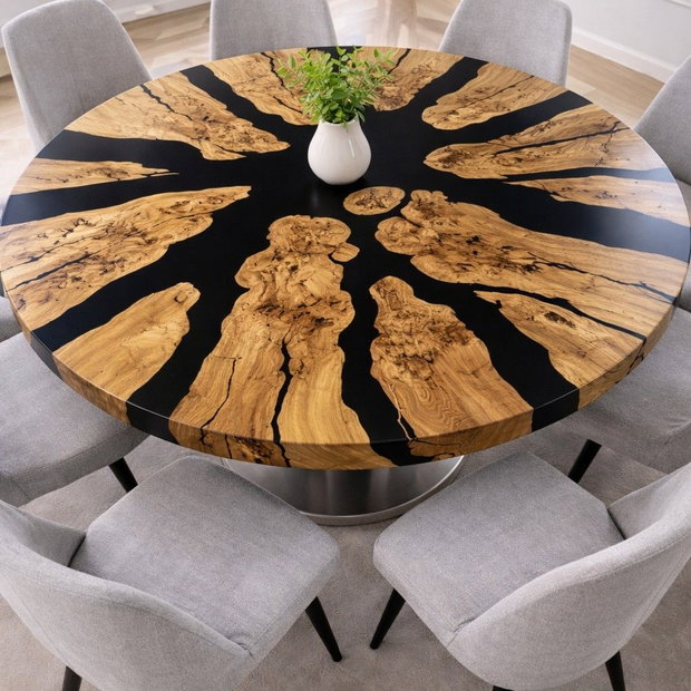 Masă rotundă din lemn masiv cu rășină epoxidică neagră - Ø110 cm - design modern - ATP Wood