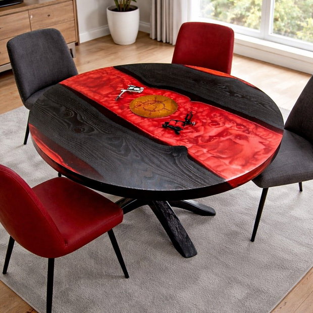 Masă rotundă din lemn masiv cu rășină epoxidică roșie - Ø90 cm - design statement - ATP Wood