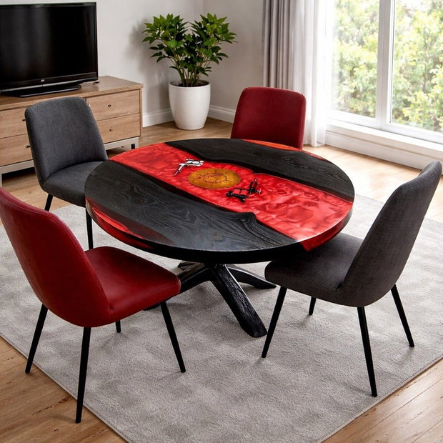 Masă rotundă din lemn masiv cu rășină epoxidică roșie - Ø90 cm - design statement - ATP Wood