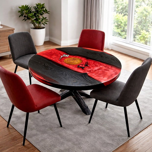 Masă rotundă din lemn masiv cu rășină epoxidică roșie - Ø90 cm - design statement - ATP Wood