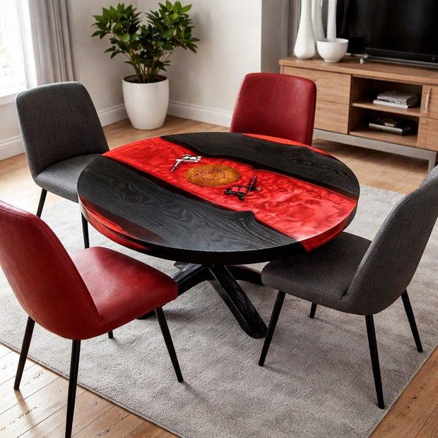 Masă rotundă din lemn masiv cu rășină epoxidică roșie - Ø90 cm - design statement - ATP Wood