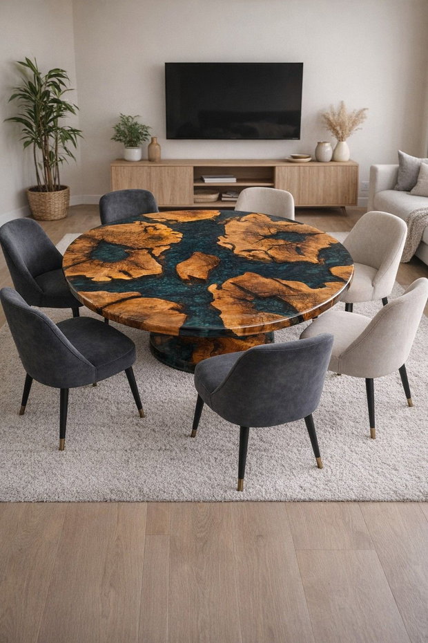 Masă rotundă din lemn masiv cu rășină epoxidică - Ø120 cm - finisaj premium - ATP Wood